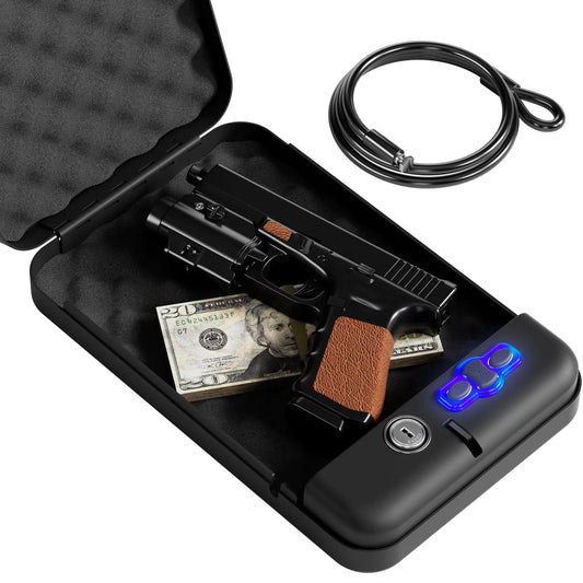Grimtron Portable Pistol Safe – Electronic Lock Box & Key Access Silent Mode Compact Car Gun Safe for Handgun Small Single Safe for Travel Office Dorm Use by Anti Spier