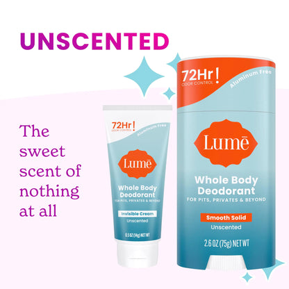 Lume Whole Body Deodorant - Invisible Cream Tube Mini and Solid Stick - 72 Hour Odor Control - Aluminum Free, Baking Soda Free, Skin Safe - 0.5 Oz Mini Tube + 2.6 Oz Solid Stick (Unscented) Unscented by Anti Spier