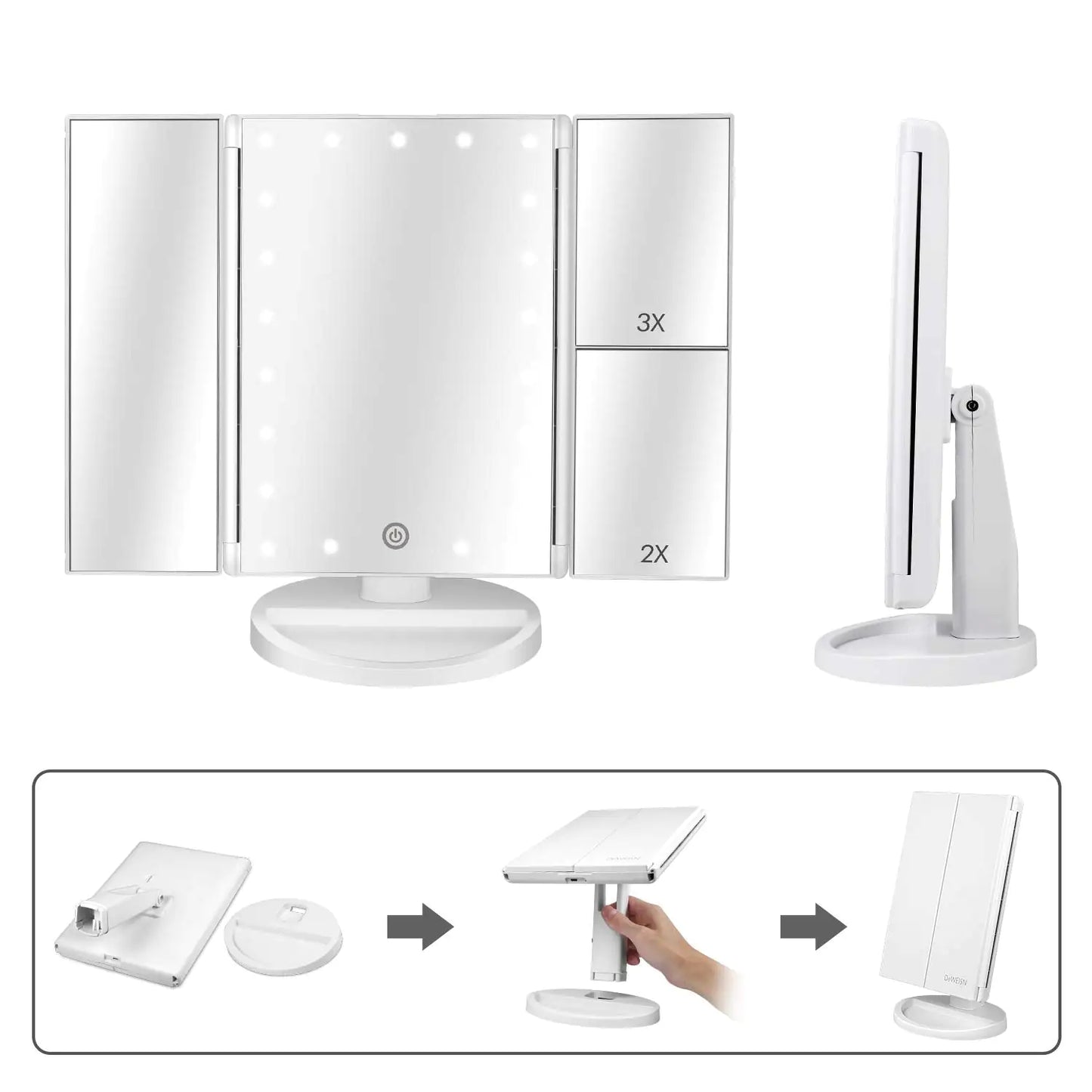 Floor Mount Tri-Fold Lighted Vanity Mirror with 21 LED Lights, Touch Screen and 3X/2X/1X Magnification, Two Power Supply Modes Make Up Mirror,Travel Mirror White by Anti Spier