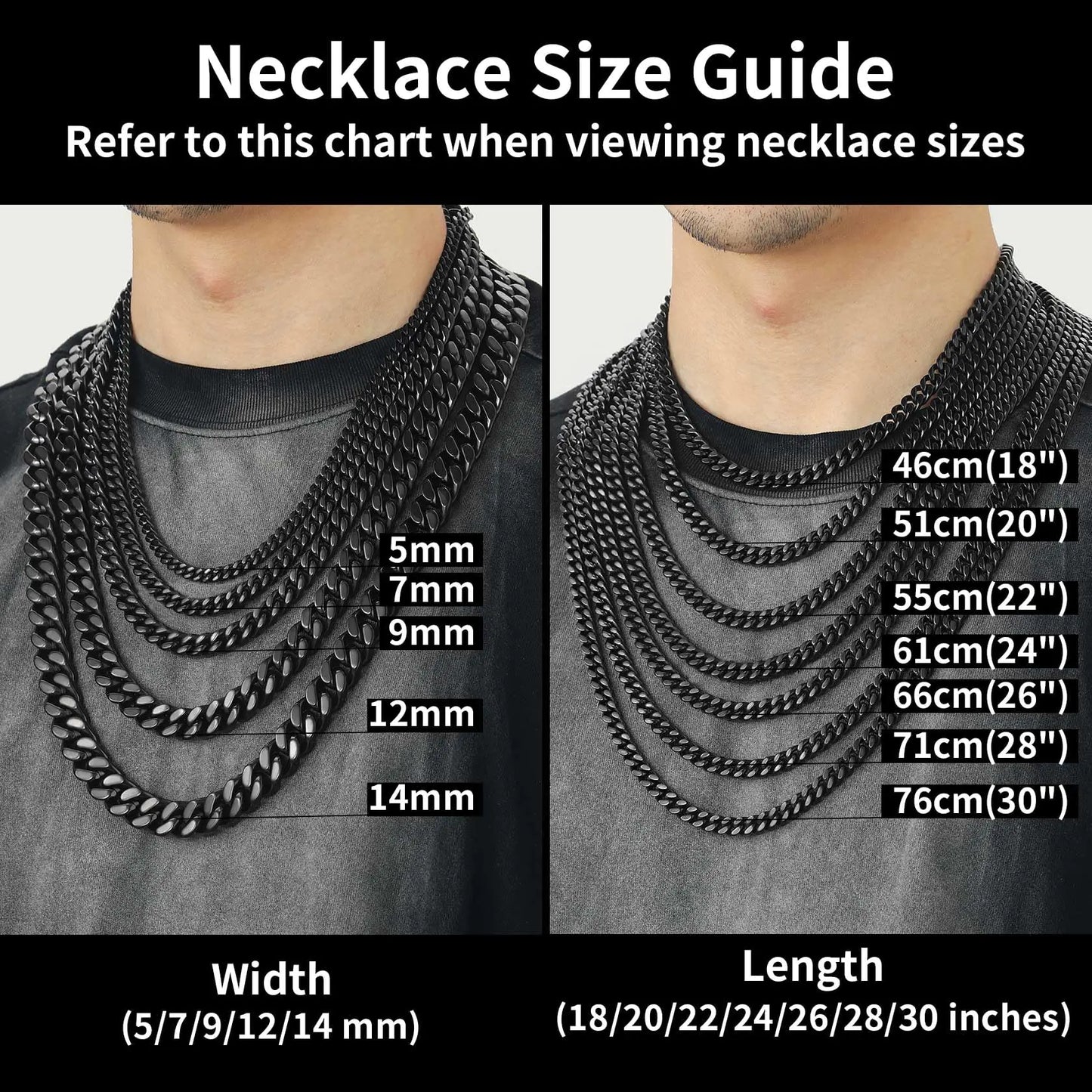 ChainsHouse Stainless Steel Mens Cuban Link Chain, Black/18K Gold Miami Cuban Chain Necklace, 5/7/9mm/12mm Width, No Tarnish& Durable Hip Hop Mens Jewelry, 18"-30", Send Gift Box 20 inches d. 12mm width-black by Anti Spier