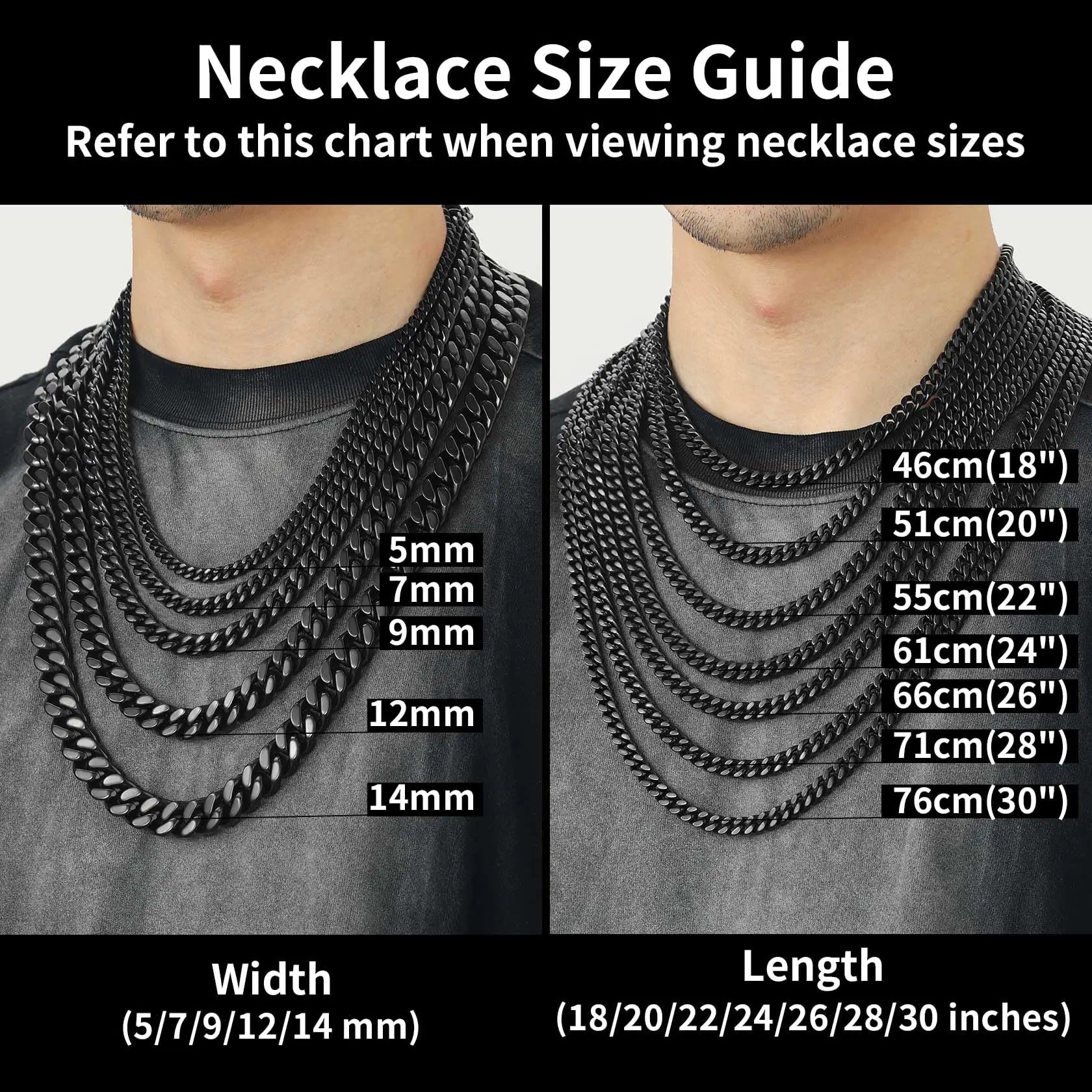 ChainsHouse Stainless Steel Mens Cuban Link Chain, Black/18K Gold Miami Cuban Chain Necklace, 5/7/9mm/12mm Width, No Tarnish& Durable Hip Hop Mens Jewelry, 18"-30", Send Gift Box 20 inches d. 12mm width-black by Anti Spier