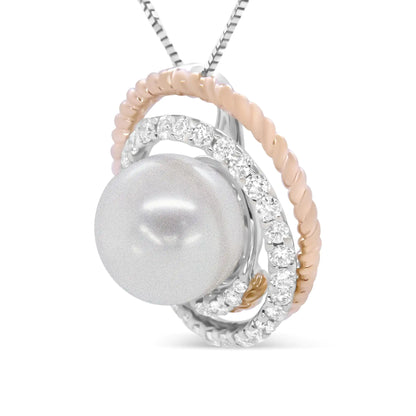 14K Rose and White Gold 3/8 Cttw Pave Diamond and 9mm Round Pearl Spiral Openwork 18" Pendant Necklace- (H-I Color, VS1-VS2 Clarity) by Anti Spier