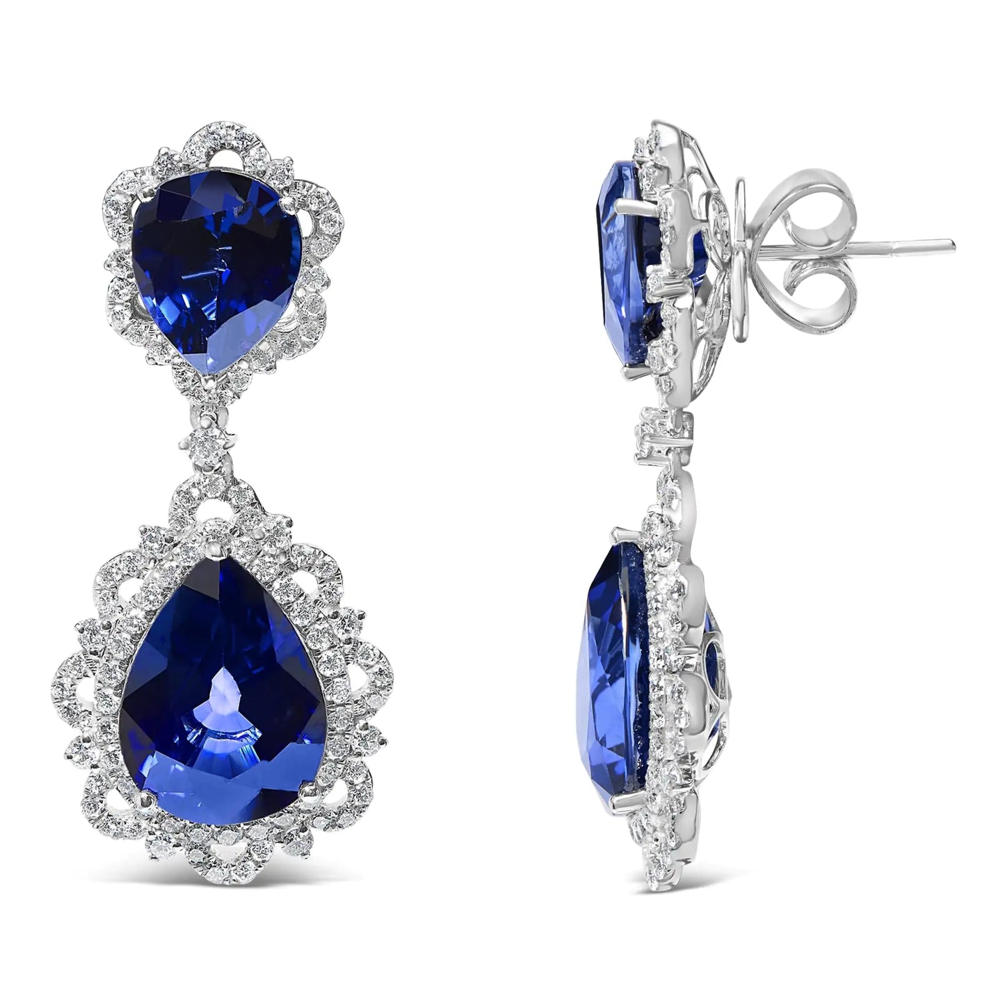 18K White Gold Blue Sapphire and Diamond 2.00 Cttw Diamond Halo Drop and Dangle Earring (G-H Color, SI1-SI2 Clarity) by Anti Spier