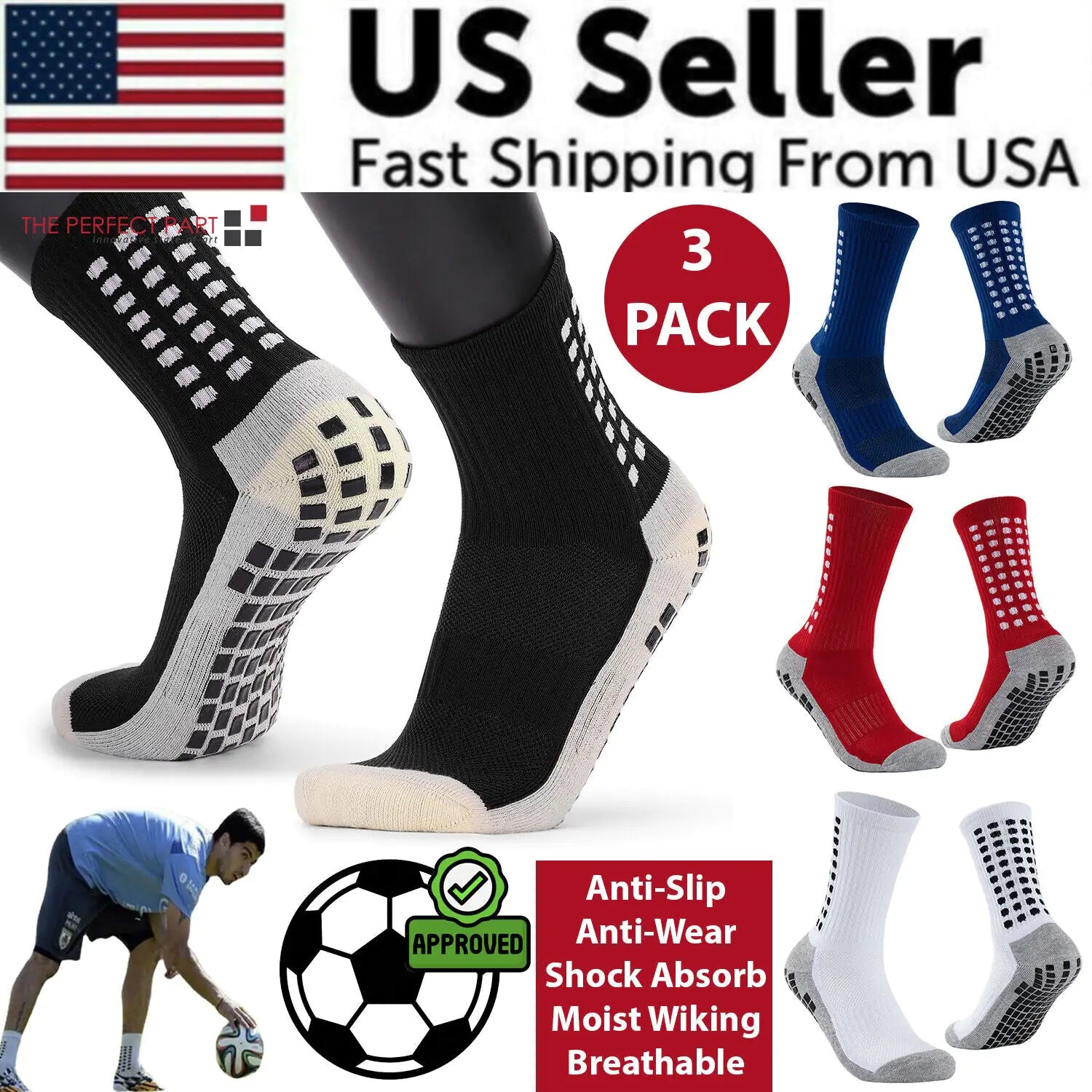 3 Pair Sport Socks Anti Slip W/ Grip Soccer Men Football Basketball Sock Premium by Anti Spier