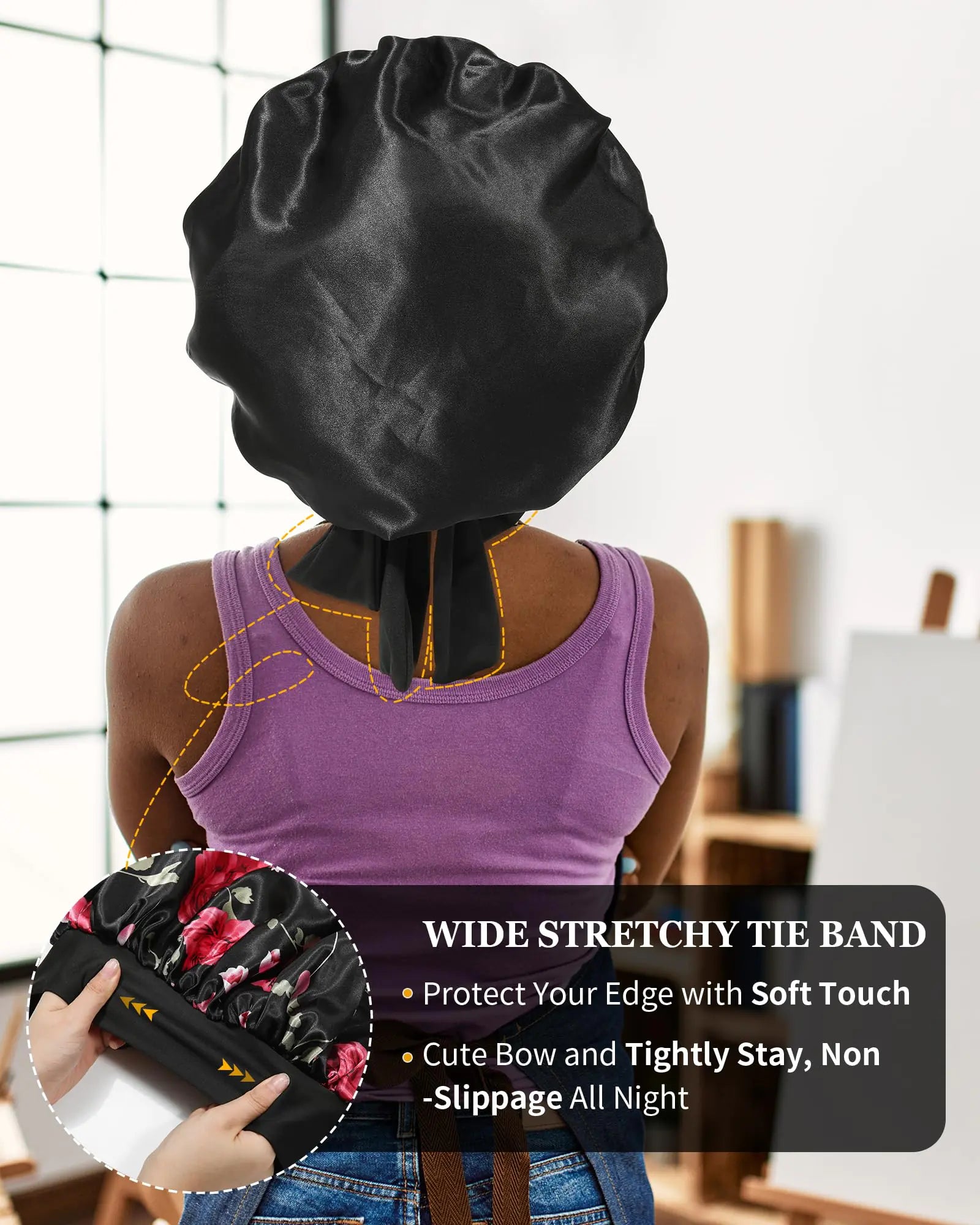 Satin Bonnet for Women Silk Bonnets for Sleeping Curly Hair Bonnet with Tie Band Double Layer Sleep Cap Hair Wrap 7-7 3/8 Black + Red Flower by Anti Spier