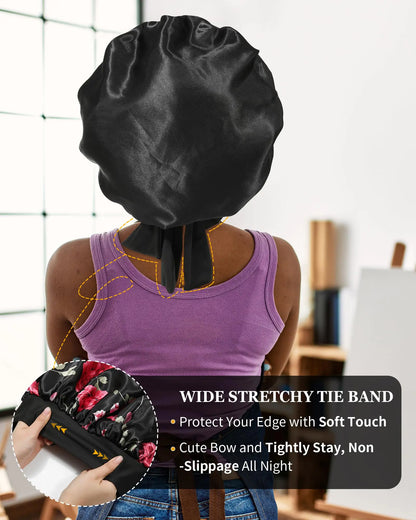 Satin Bonnet for Women Silk Bonnets for Sleeping Curly Hair Bonnet with Tie Band Double Layer Sleep Cap Hair Wrap 7-7 3/8 Black + Red Flower by Anti Spier