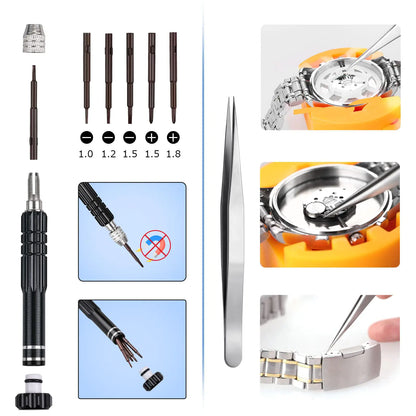 JOREST Watch Battery Replacement Kit, Watch Repair Screwdriver, Watch Band Replacement tool, Watch Wrench Back Remover, Watch Case Opener, Watch Back Remover Holder, Spring bar, Tweezers by Anti Spier