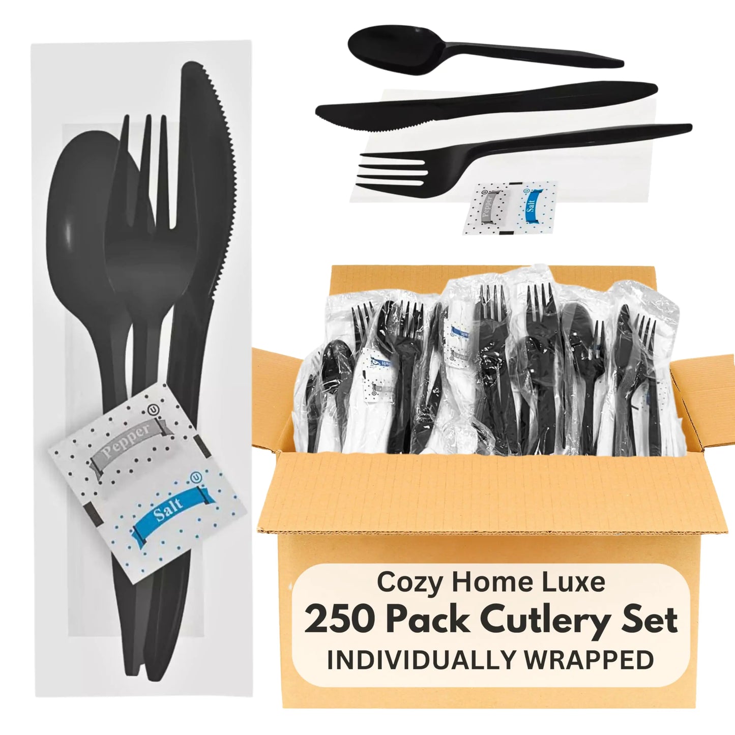 250-Pack Black Plastic Cutlery Set | Fork Spoon Knife Napkin & Salt Pepper Packets | Disposable Plastic Silverware Sets Individually Wrapped by Anti Spier
