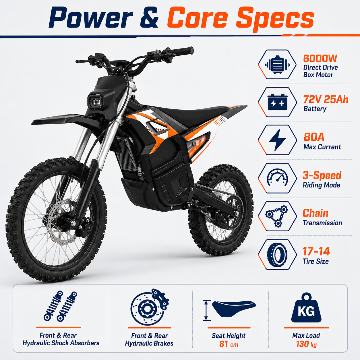 OEM High Speed Racing 6000W 72v 25AH Electric Dirt Bike Adult Off-Road Motorcycle