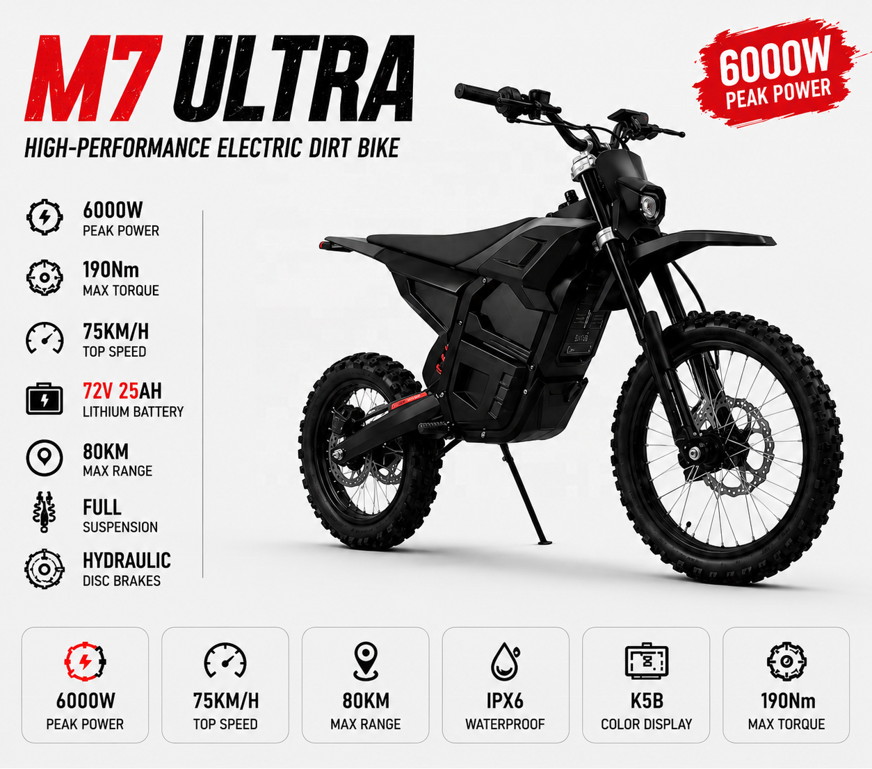 OEM 190Nm High-Torque Central Motor Mid-Drive Electric Dirt Bike 72V 25AH Lithium 6000W Brushless Adult Extreme Off-Road