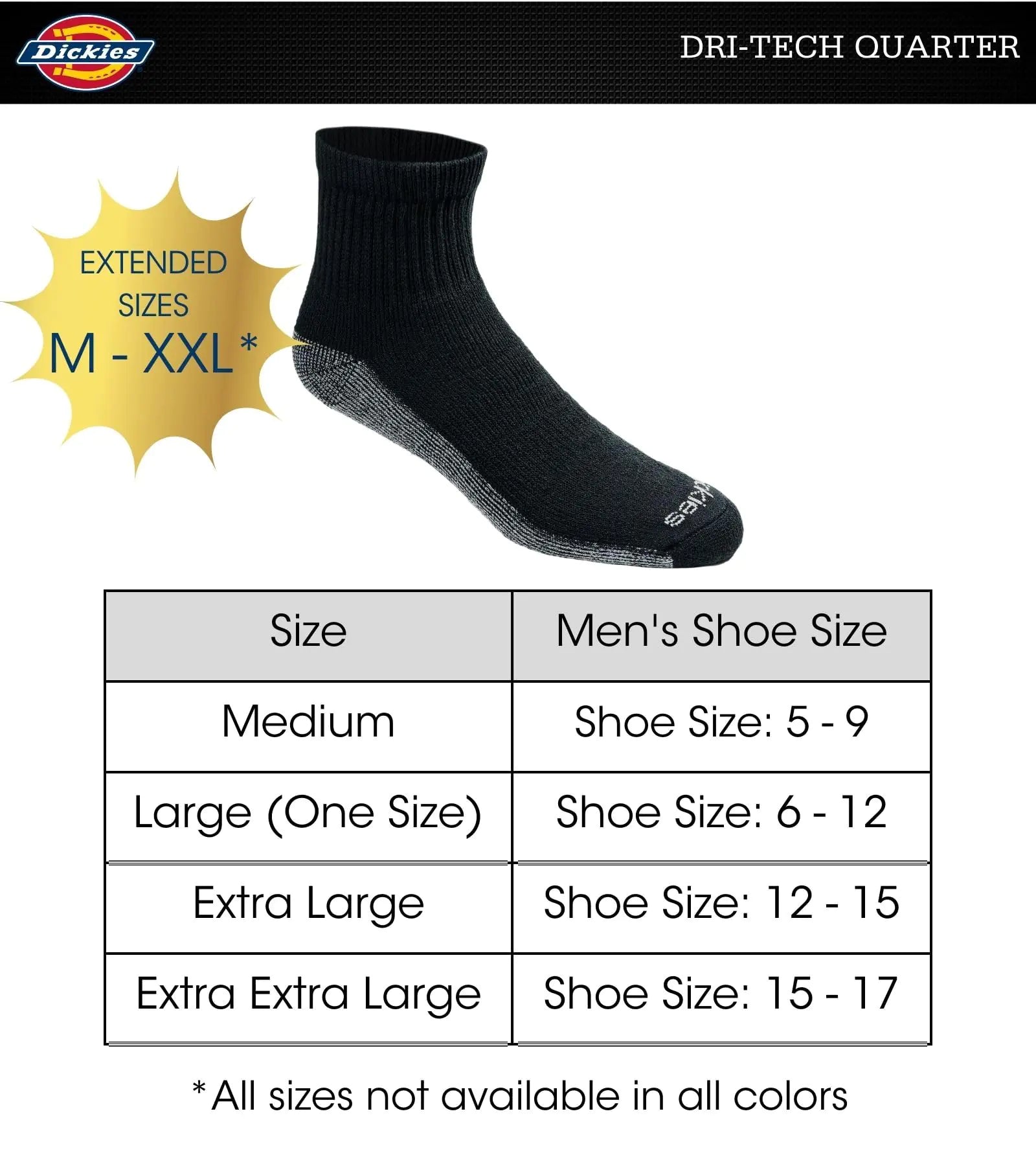 Dickies Men's Dri-tech Moisture Control Quarter Socks, Available in M-XXL (6, 12, 18 Pairs) Medium Black (12 Pairs) by Anti Spier