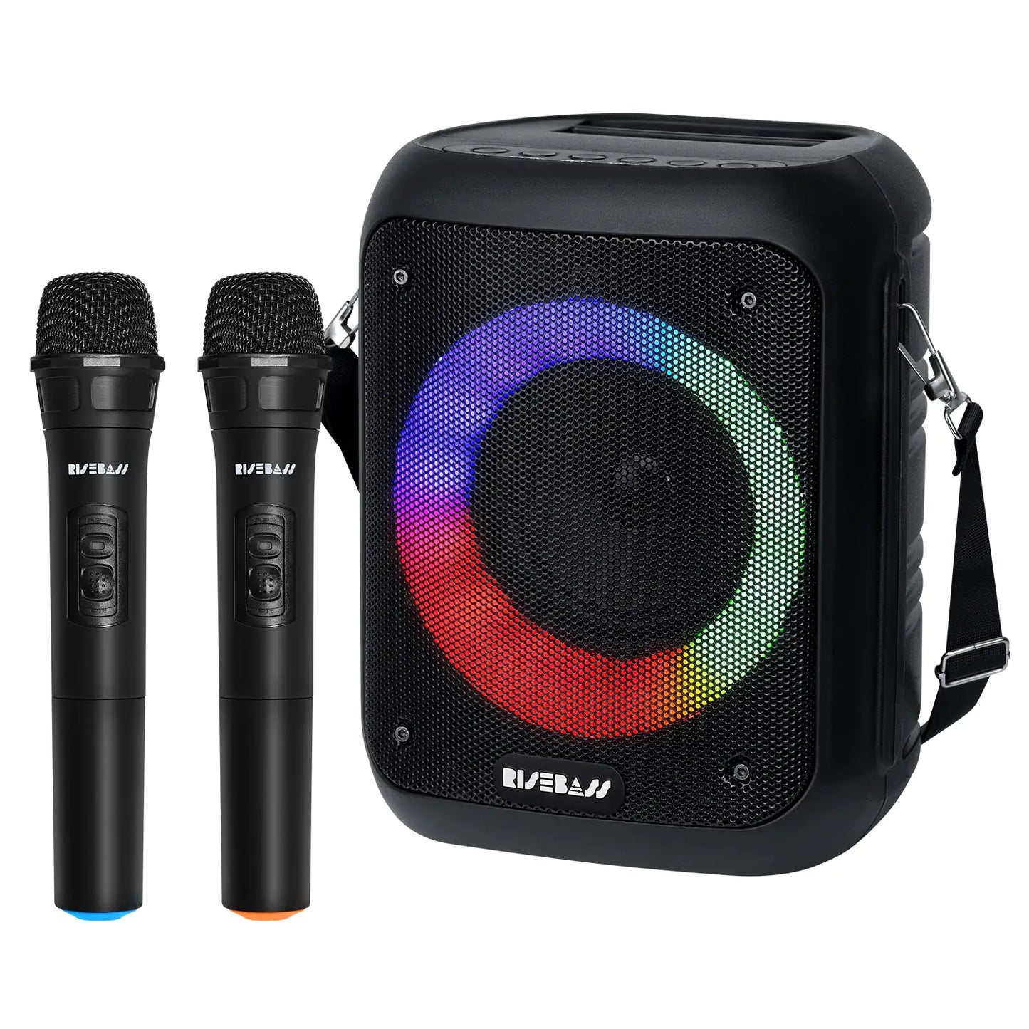 Risebass Portable Karaoke Machine with 2 Wireless Microphones - Bluetooth Rechargeable Speaker with USB/SD/TF Card Support, AUX-in, Tripod Screw Mount and Phone Slot. by Anti Spier