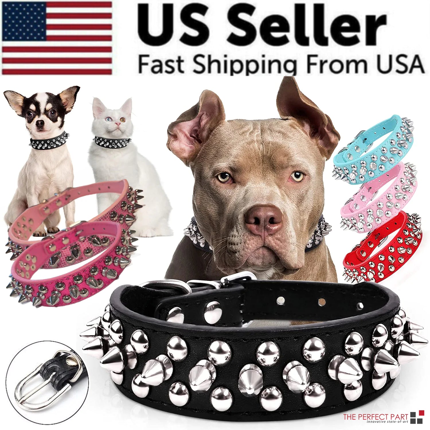 Spiked Studded Leather Dog Collar Rivets Pet Small Large Cat Pit Bull Adjustable by Anti Spier