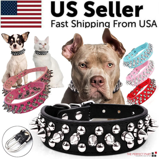 Spiked Studded Leather Dog Collar Rivets Pet Small Large Cat Pit Bull Adjustable by Anti Spier