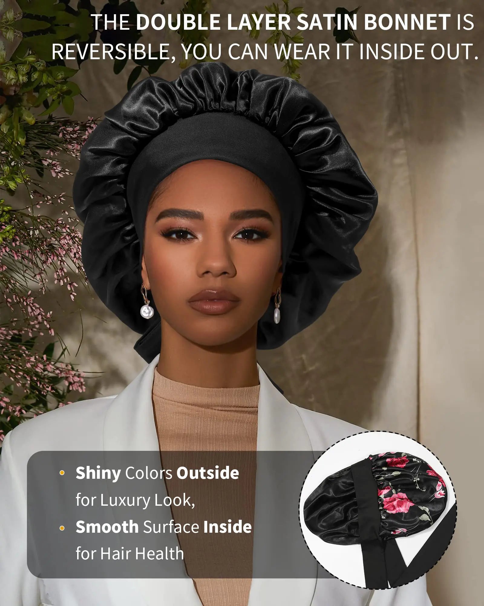 Satin Bonnet for Women Silk Bonnets for Sleeping Curly Hair Bonnet with Tie Band Double Layer Sleep Cap Hair Wrap 7-7 3/8 Black + Red Flower by Anti Spier