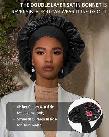Satin Bonnet for Women Silk Bonnets for Sleeping Curly Hair Bonnet with Tie Band Double Layer Sleep Cap Hair Wrap 7-7 3/8 Black + Red Flower by Anti Spier