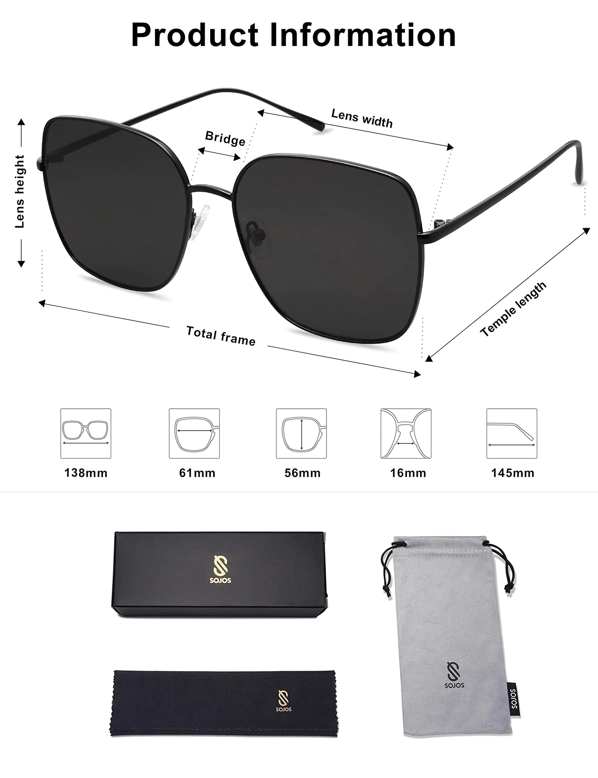 SOJOS Trendy Oversized Square Metal Frame Sunglasses for Women Men Flat Mirrored Lens UV Protection Sunglasses SJ1146 Black/Grey by Anti Spier