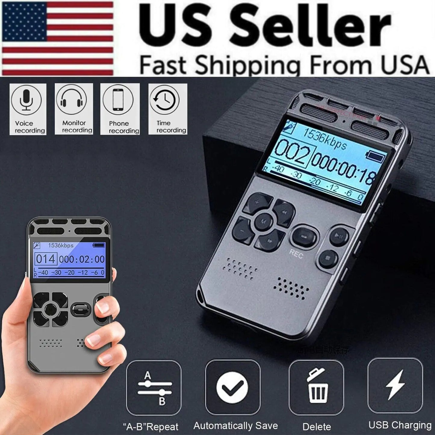 64GB Rechargeable LCD Digital Audio Sound Voice Recorder Dictaphone MP3 Player by Anti Spier