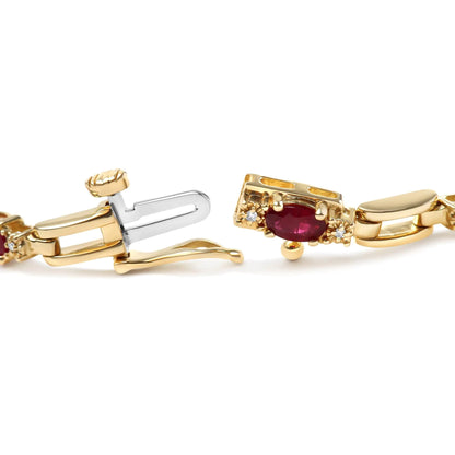 10K Yellow Gold Oval Ruby and 1/10 Cttw Diamond Bar Prong Set Bracelet (H-I Color, SI1-SI2 Clarity) - Size 7" by Anti Spier