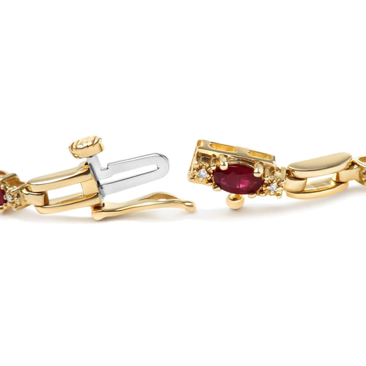 10K Yellow Gold Oval Ruby and 1/10 Cttw Diamond Bar Prong Set Bracelet (H-I Color, SI1-SI2 Clarity) - Size 7" by Anti Spier
