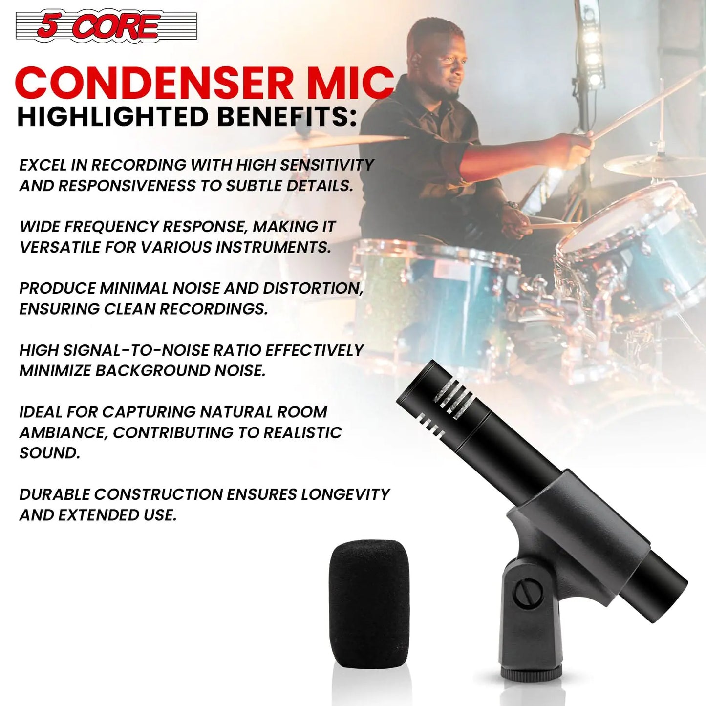 5Core Dynamic Instrument Microphone Professional XLR Cardioid Pencil Stick Condenser Mic by Anti Spier