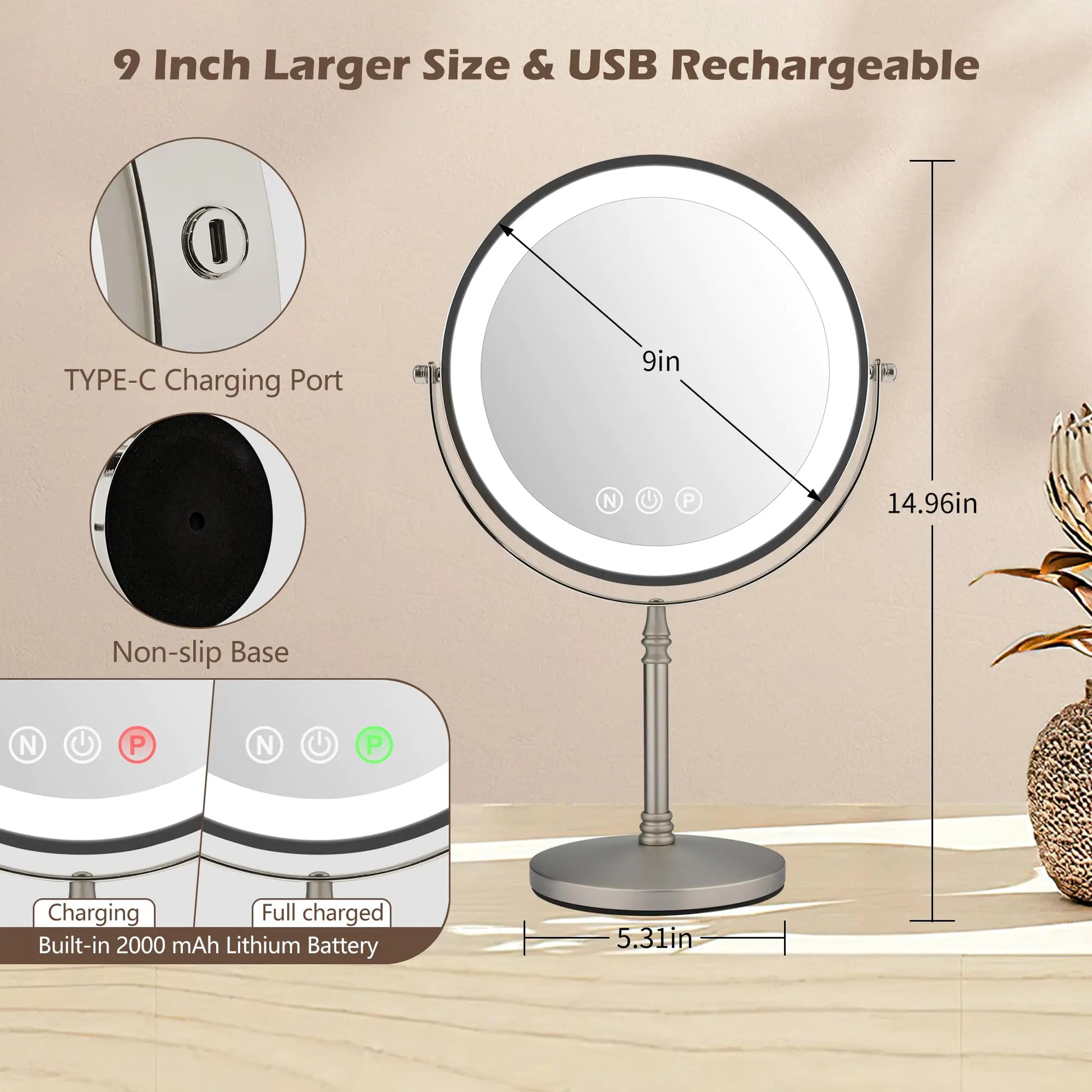 9" Large Makeup Mirror with Lights, 1X/10X Magnifying Vanity Mirror with 3 Colors Dimmable Lightning, 80 LED Lights, 360°Rotation Double Sided Standing Lighted Makeup Mirror Nickel Matte Nickel by Anti Spier