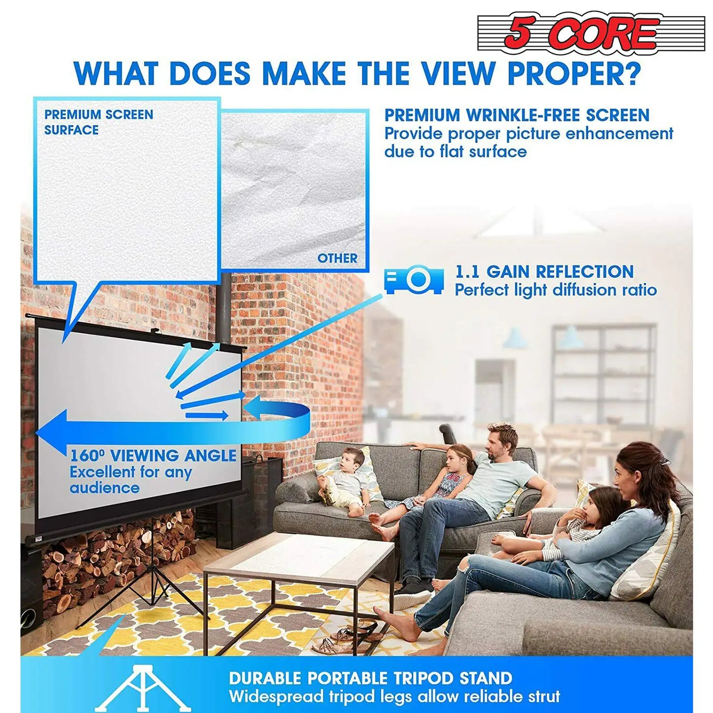 5Core Projector Screen with Tripod Stand 72" 4:3 Ultra HD Anti-Crease Indoor Outdoor Projection by Anti Spier