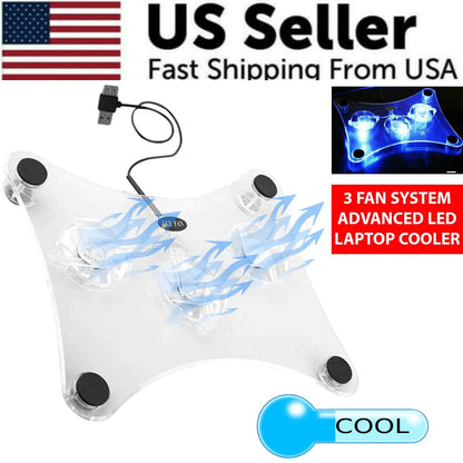 3 Fans USB Cooler Cooling Pad Stand LED Light Radiator For Laptop PC Notebook by Anti Spier