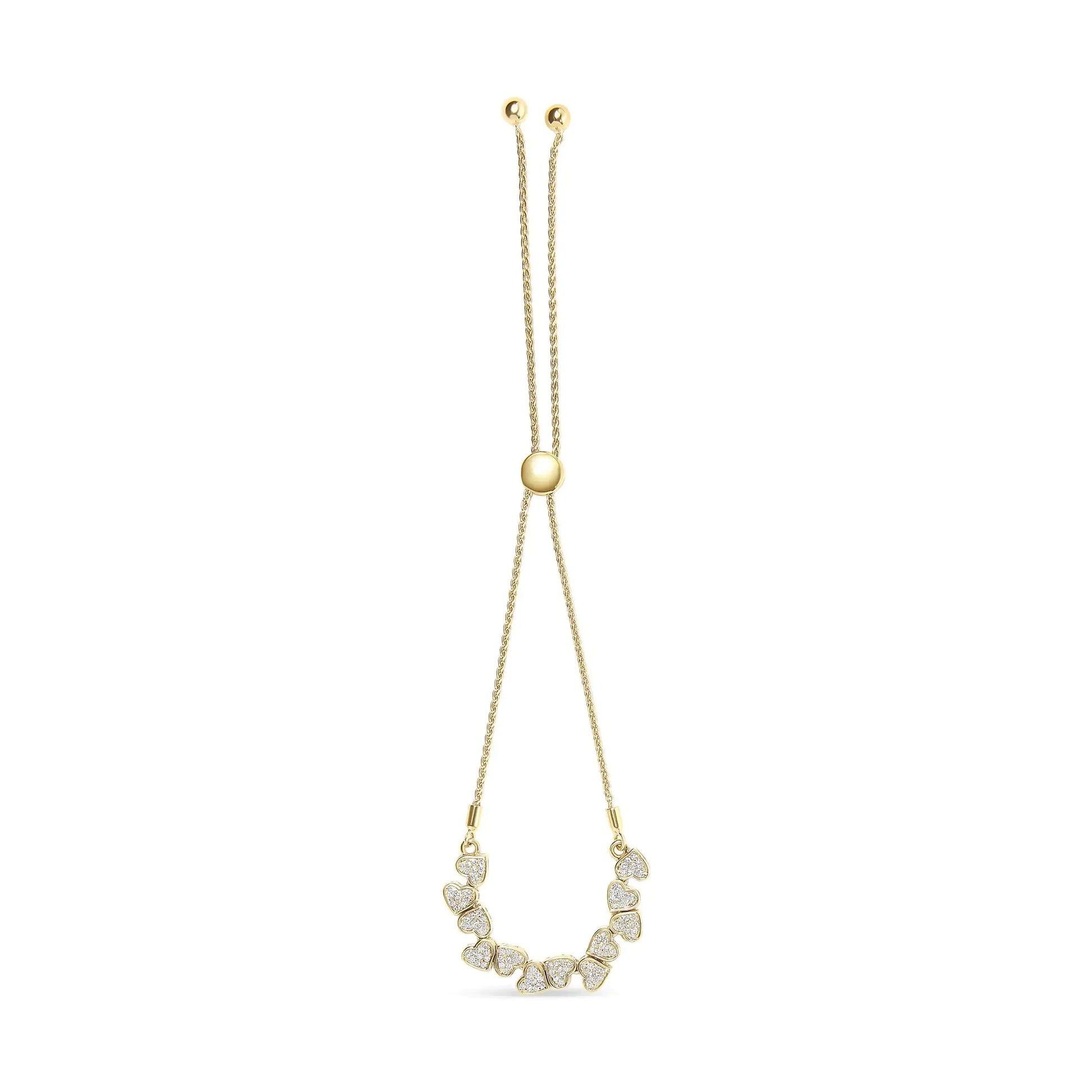 Yellow Gold Plated .925 Sterling Silver 1/2 Cttw Diamond Sideways Hearts Bolo Bracelet (H-I Color, I1-I2 Clarity) - 4”-10” Adjustable by Anti Spier