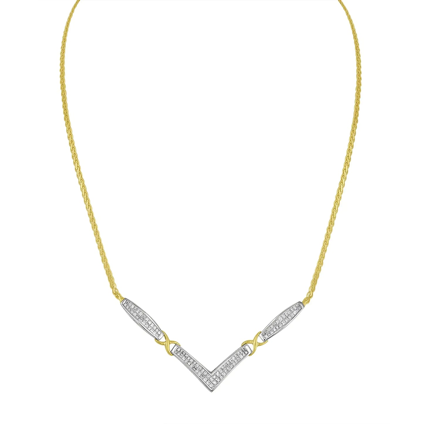 14K Yellow and White Gold 2.0 Cttw Princess Cut Diamond Flared and X-Station V Shaped 18” Franco Chain Statement Necklace (H-I Color, SI2-I1 Clarity) by Anti Spier