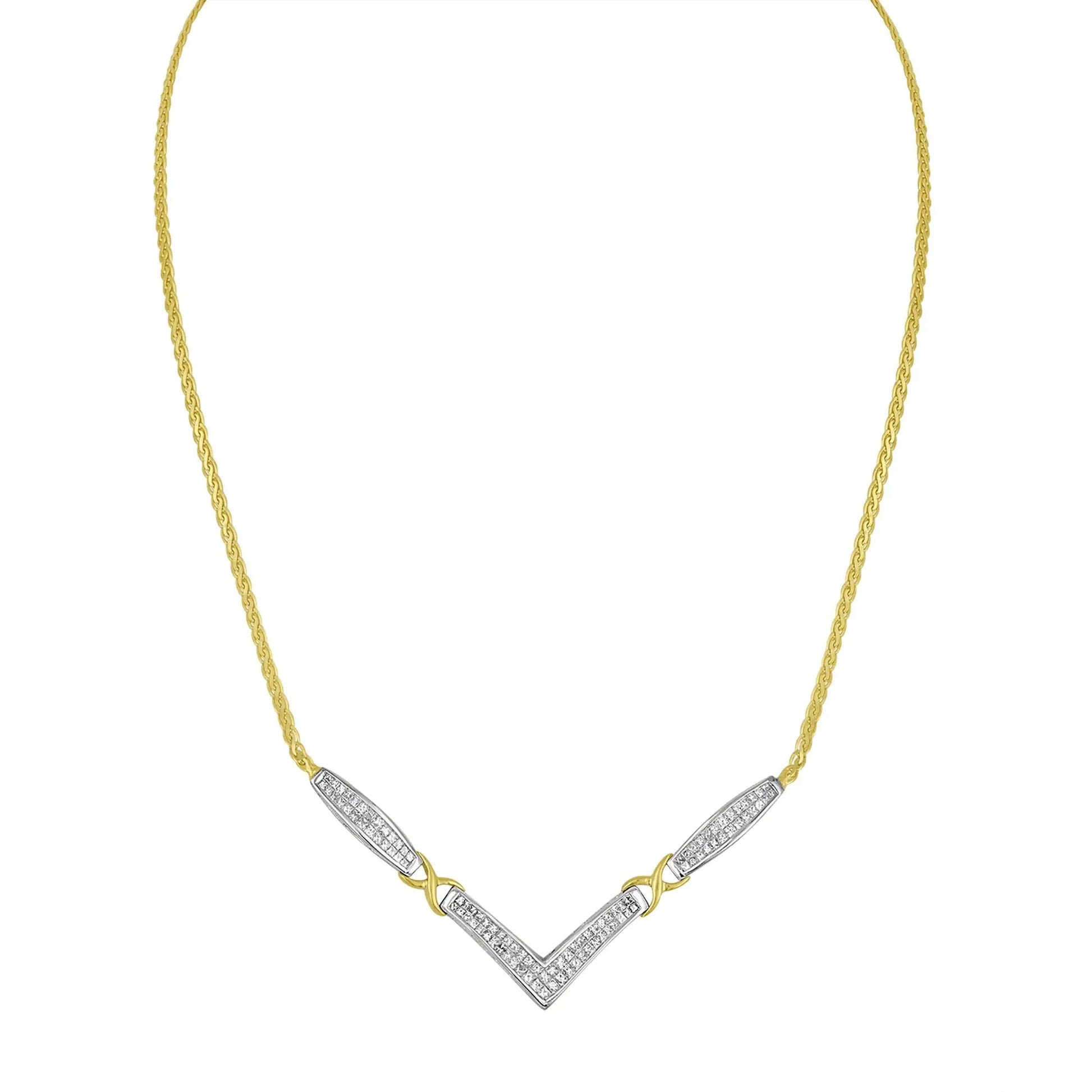 14K Yellow and White Gold 2.0 Cttw Princess Cut Diamond Flared and X-Station V Shaped 18” Franco Chain Statement Necklace (H-I Color, SI2-I1 Clarity) by Anti Spier