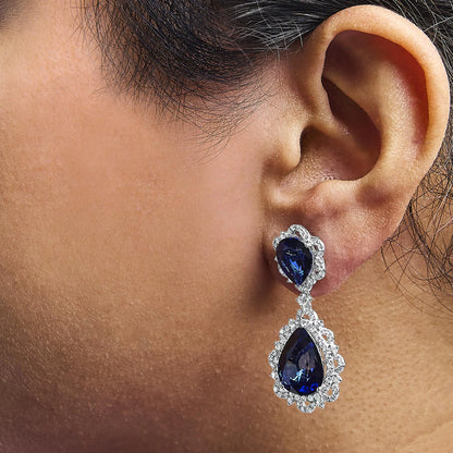 18K White Gold Blue Sapphire and Diamond 2.00 Cttw Diamond Halo Drop and Dangle Earring (G-H Color, SI1-SI2 Clarity) by Anti Spier