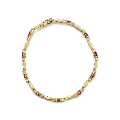 10K Yellow Gold Oval Ruby and 1/10 Cttw Diamond Bar Prong Set Bracelet (H-I Color, SI1-SI2 Clarity) - Size 7" by Anti Spier