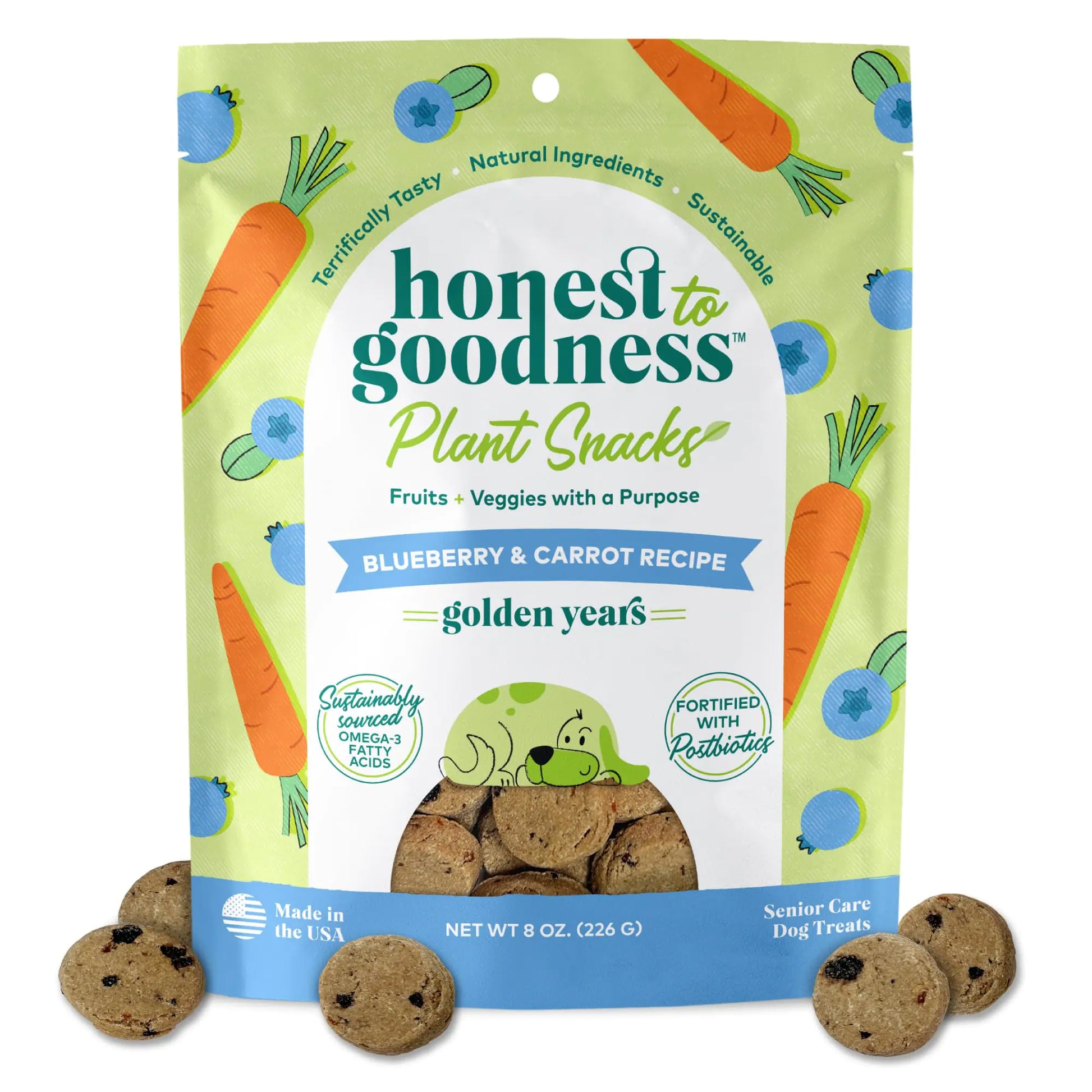 Honest to Goodness Plant Snacks Golden Years Blueberry & Carrot Recipe Dog Treats Enriched with Omega 3s & Postbiotics 8oz by Anti Spier