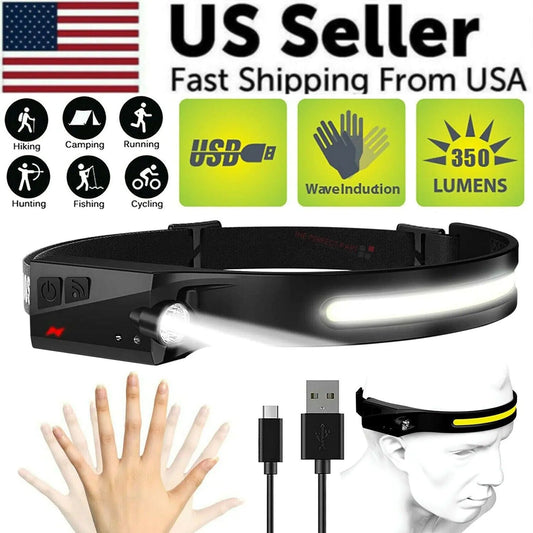 COB LED Headlamp USB Rechargeable Headlight Torch Work Light Bar Head Band Lamp by Anti Spier