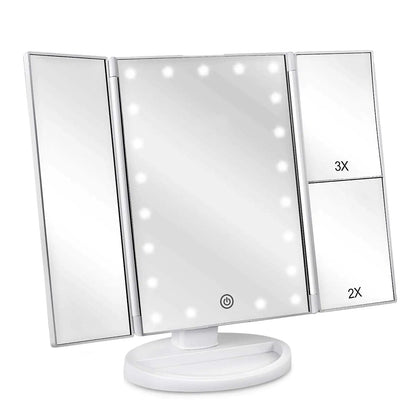 Floor Mount Tri-Fold Lighted Vanity Mirror with 21 LED Lights, Touch Screen and 3X/2X/1X Magnification, Two Power Supply Modes Make Up Mirror,Travel Mirror White by Anti Spier