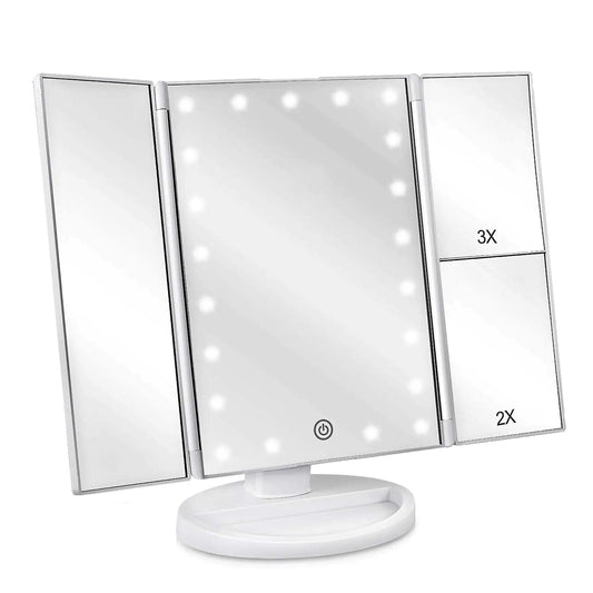 Floor Mount Tri-Fold Lighted Vanity Mirror with 21 LED Lights, Touch Screen and 3X/2X/1X Magnification, Two Power Supply Modes Make Up Mirror,Travel Mirror White by Anti Spier