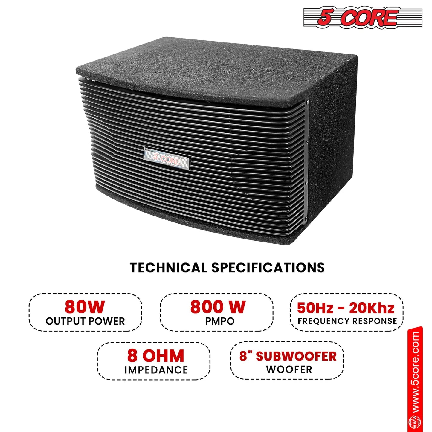 5Core Box Subwoofer for Car 1Pc Black 800W Peak Power 8 Inch Vented Trunk Speaker Woofer 8 Ohm by Anti Spier