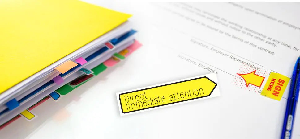 25 Ct. 1" x 1.7" Yellow Color Printed Sign Here Flags w/ Dispenser (2/Pack) by Anti Spier