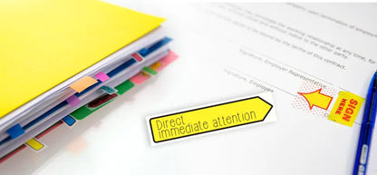 25 Ct. 1" x 1.7" Yellow Color Printed Sign Here Flags w/ Dispenser (2/Pack) by Anti Spier