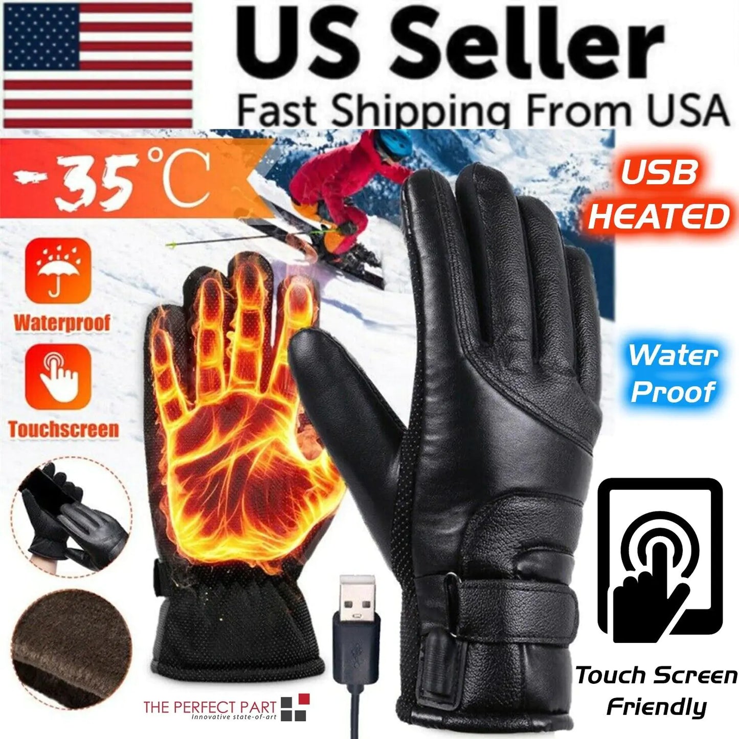 Electric USB Heated Gloves Winter Warming Thermal Ski Snow Hand Warm Windproof by Anti Spier