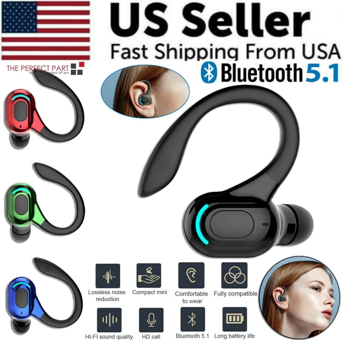 New Bluetooth 5.1 Headset Wireless Earbuds Earphones Stereo Headphones Ear Hook by Anti Spier