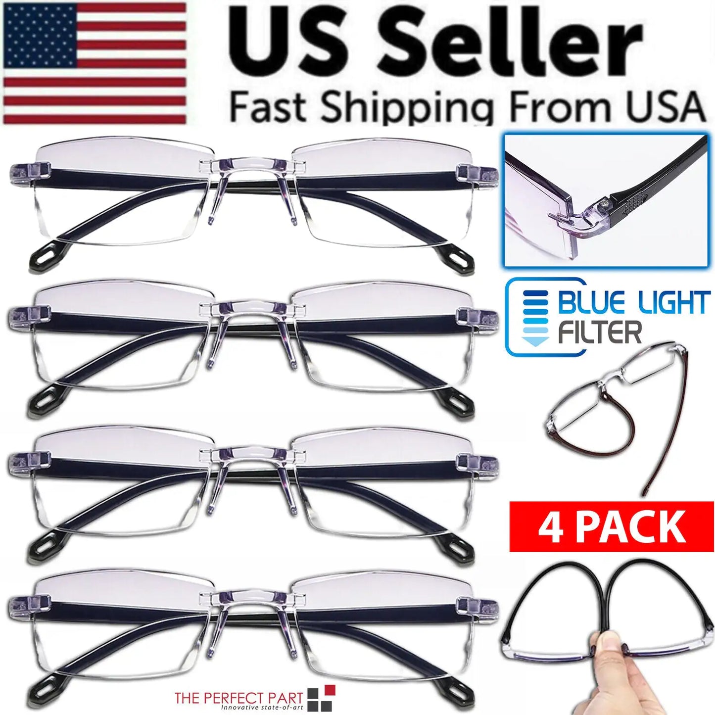 4 PK Mens Rectangular Rimless Blue Light Blocking Reading Glasses Unisex Readers by Anti Spier