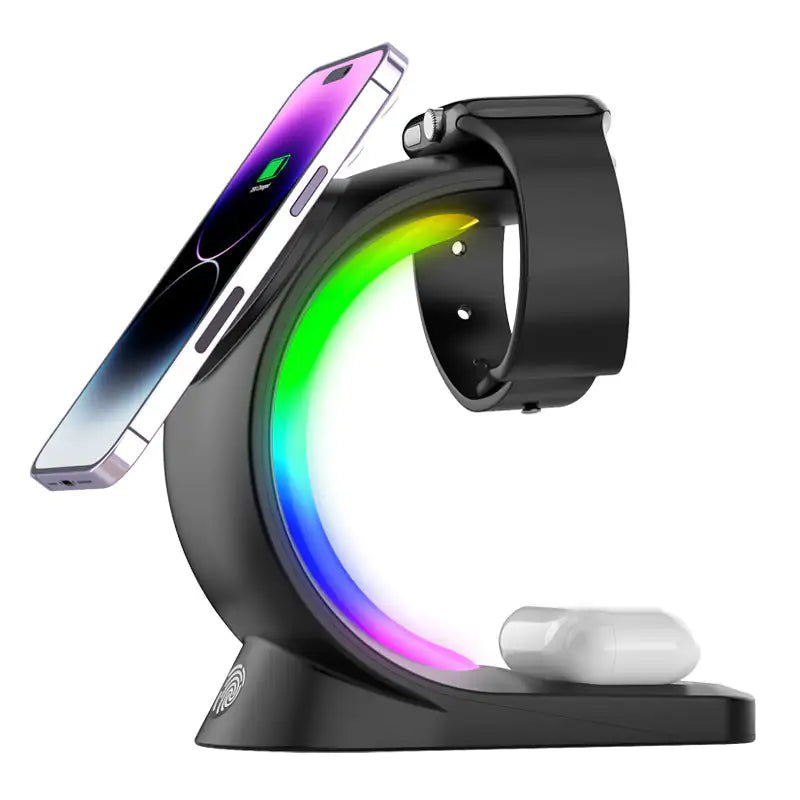 4 In 1 Magnetic Wireless Charger Fast Charging For Smart Phone Atmosphere Light Charging Station For Airpods Pro I-phone Watch by Anti Spier