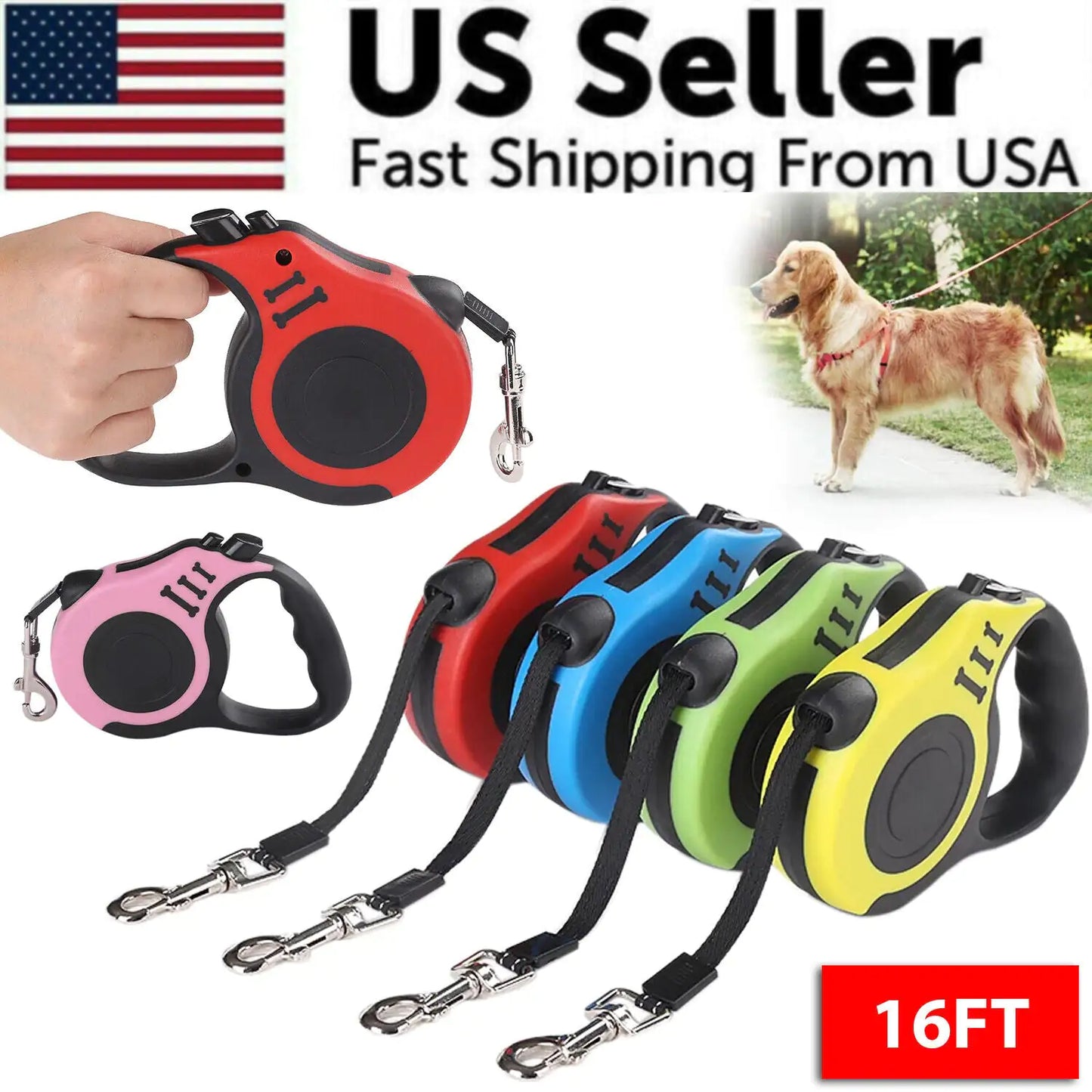 16.5FT Automatic Retractable Dog Leash Pet Collar Automatic Walking Lead Free US by Anti Spier
