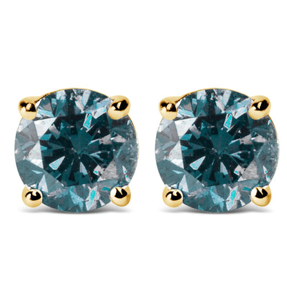 14K Gold Round Brilliant Cut Lab Grown Blue Diamond 4-Prong Classic Solitaire Stud Earrings with Pushbacks by Anti Spier