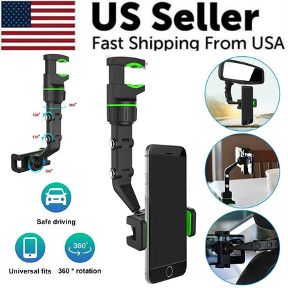 360° Car Rearview Mirror Rotation Adjustable Phone Holder Mount Multifunction by Anti Spier