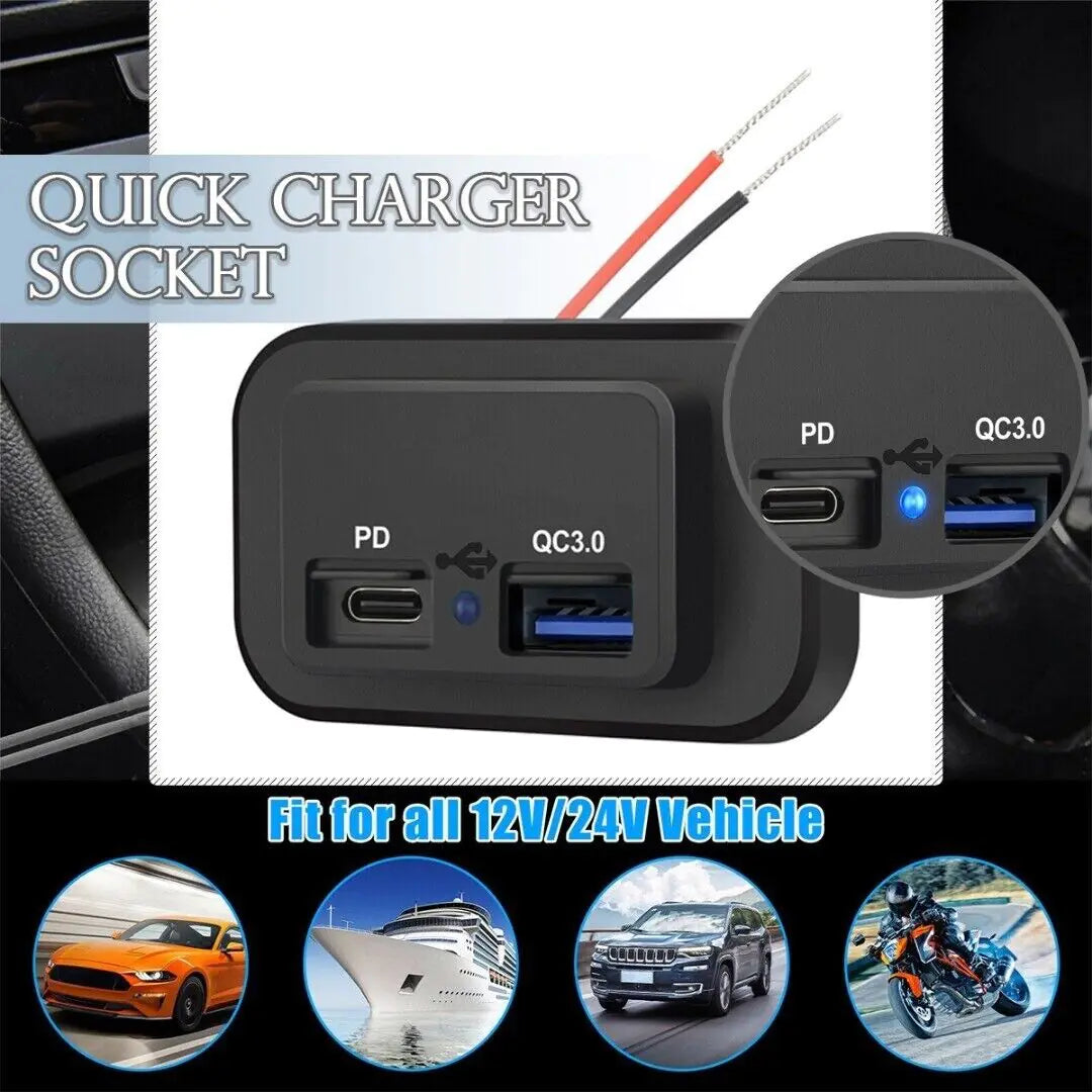 12-24V 4.8A Dual USB PD QC3.0 Car Boat RV Fast Charger Socket LED Power Outlet by Anti Spier