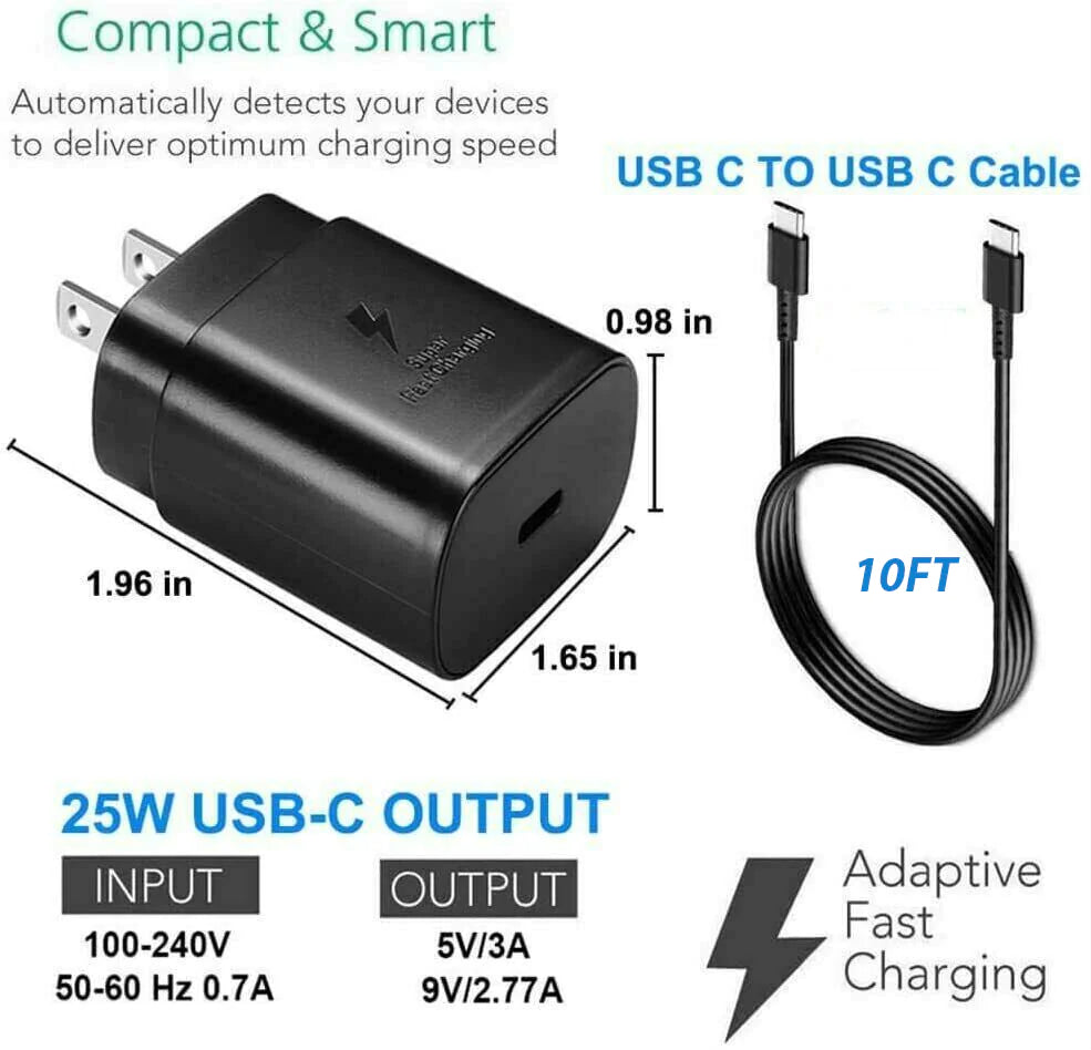 25w Super Fast Charger Type USB-C 10FT Cable For Samsung Galaxy S23 S22 S21 S20 by Anti Spier