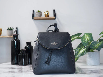 Kate Spade Leila Black Pebbled Leather Medium Flap Shoulder Backpack Book Bag by Anti Spier